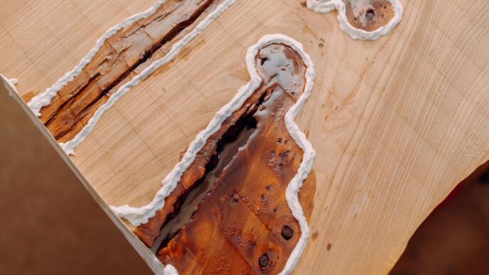 Close-up of a worn wooden table with mold, set in a sunlit living room.