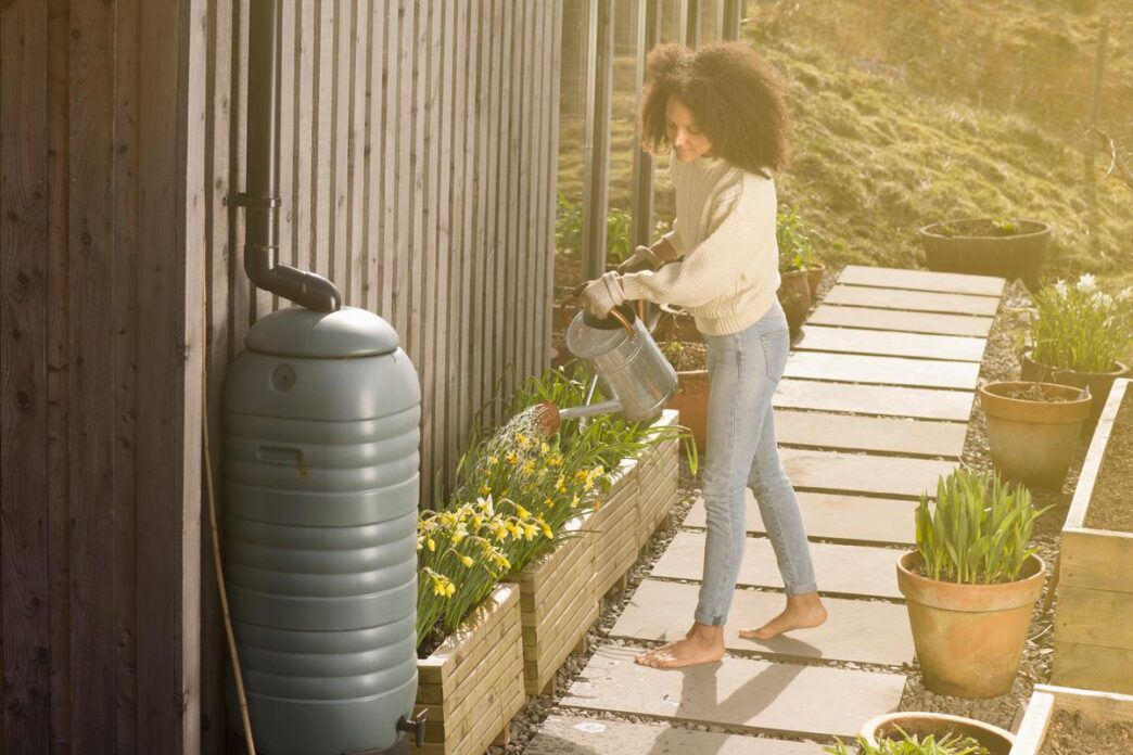 Rainwater harvesting system in a vibrant garden with flowers and sunlight.