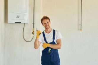 Modern tankless water heater in a stylish kitchen; couple enjoys cozy breakfast.