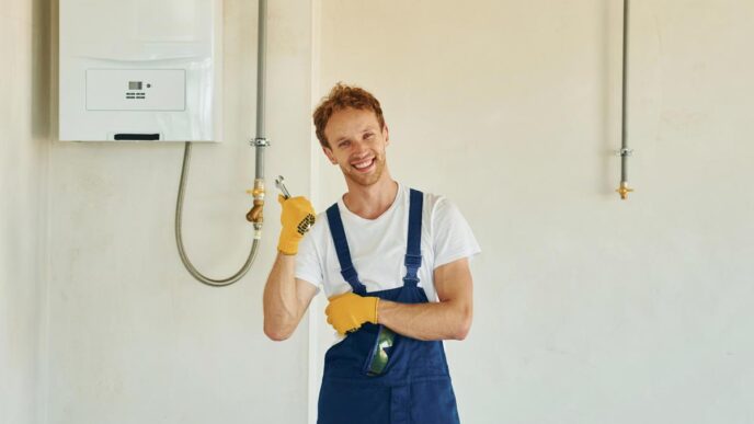 Modern tankless water heater in a stylish kitchen; couple enjoys cozy breakfast.